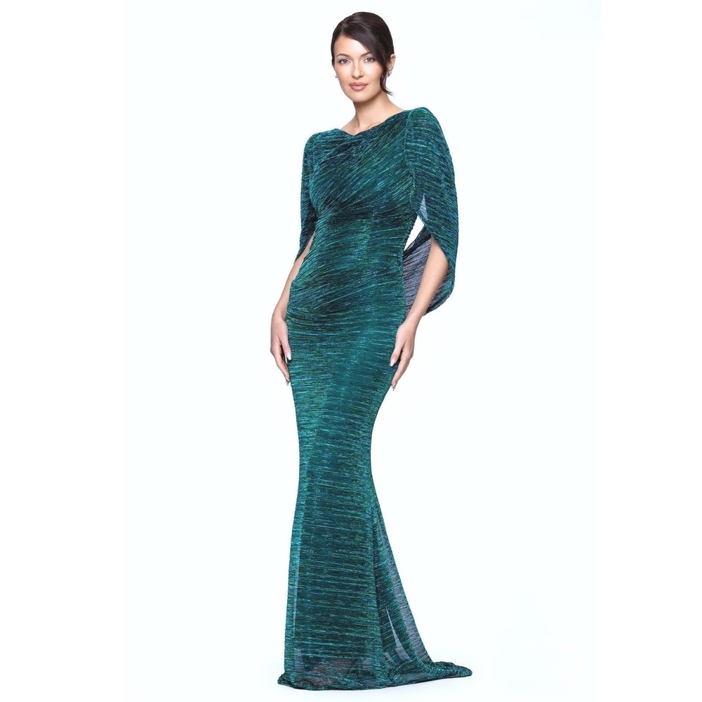 Betsy & Adam Formal Green Teal Metallic Ruched Cape Sleeve Gown Dress Size 10
